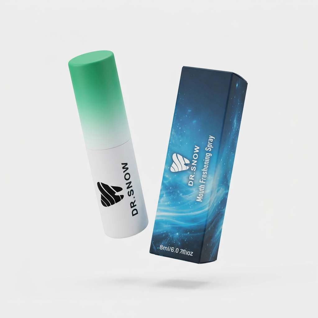 Dr. Snow mouth freshening spray bottle and packaging on a white background