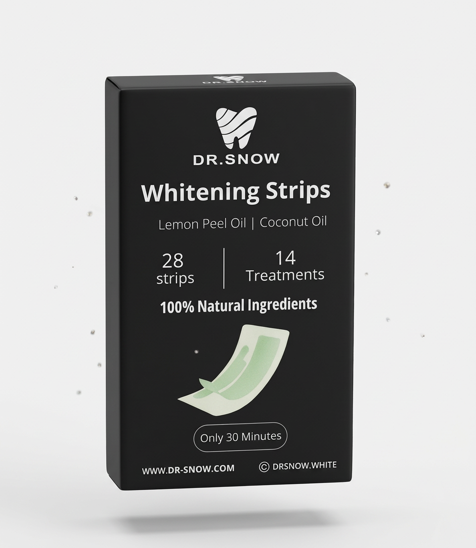 Box of Dr. Snow Whitening Strips with branding and product details on a light gray background