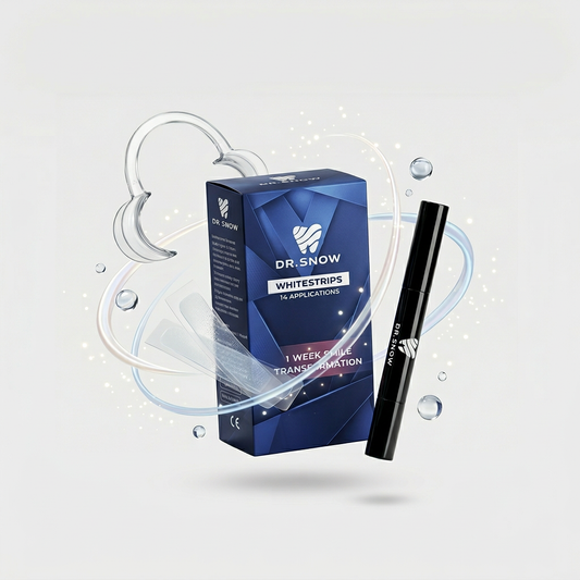 Dr. Snow whitestrips packaging with applicator on a light gray background
