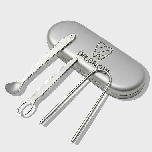 Set of silver tongue cleaner with a carrying case on a light gray background, featuring the DR. SNOW brand.